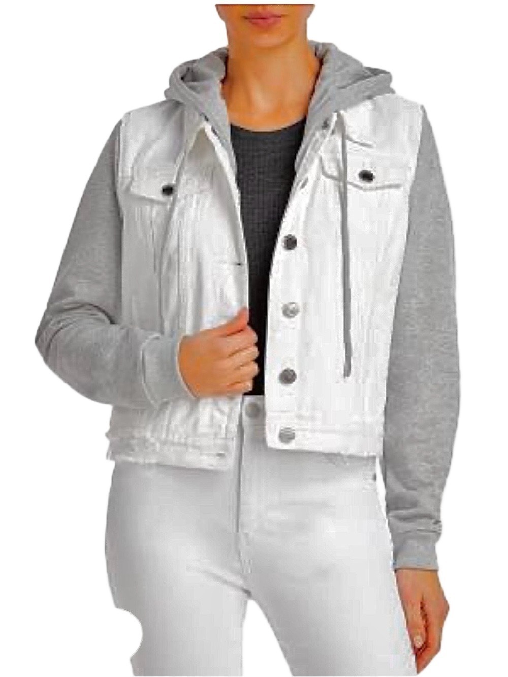 BLANK NYC Jersey Sleeve Denim Jacket w/ Removable Hood